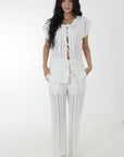 Set pantalon y blusa en tejido de punto tela transparencia ivory