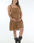 Vestido corto amarre en hombros caqui