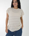 Blusa basica tela en textura rayas y transparencia beige
