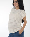 Blusa basica tela en textura rayas y transparencia beige