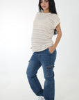 Blusa basica tela en textura rayas y transparencia beige
