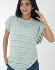 Blusa basica tela en textura rayas y transparencia verde