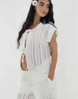 Set pantalon y blusa en tejido de punto tela transparencia ivory