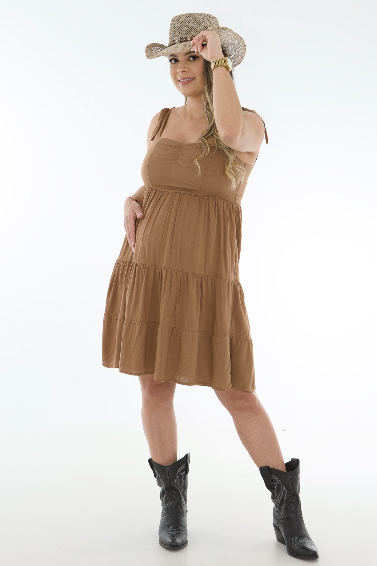 Vestido corto amarre en hombros caqui