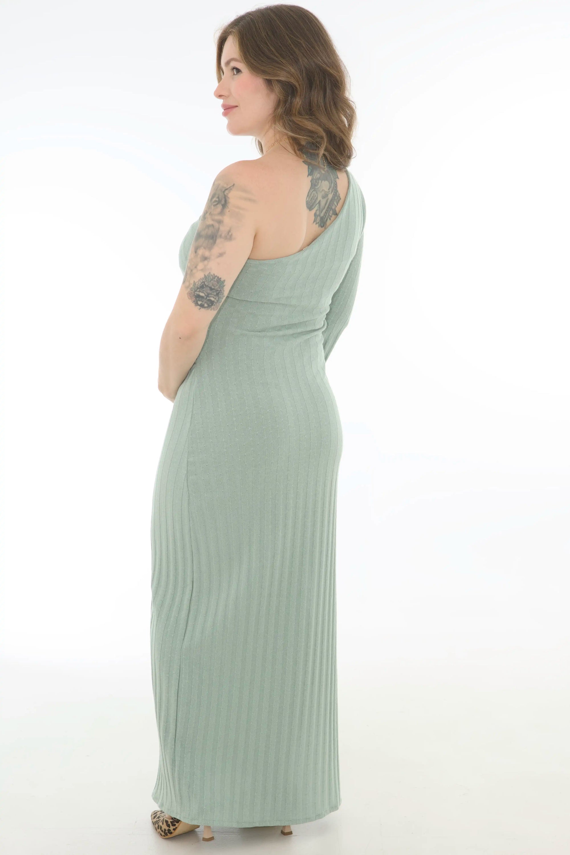 Vestido lanilla un solo hombro verde